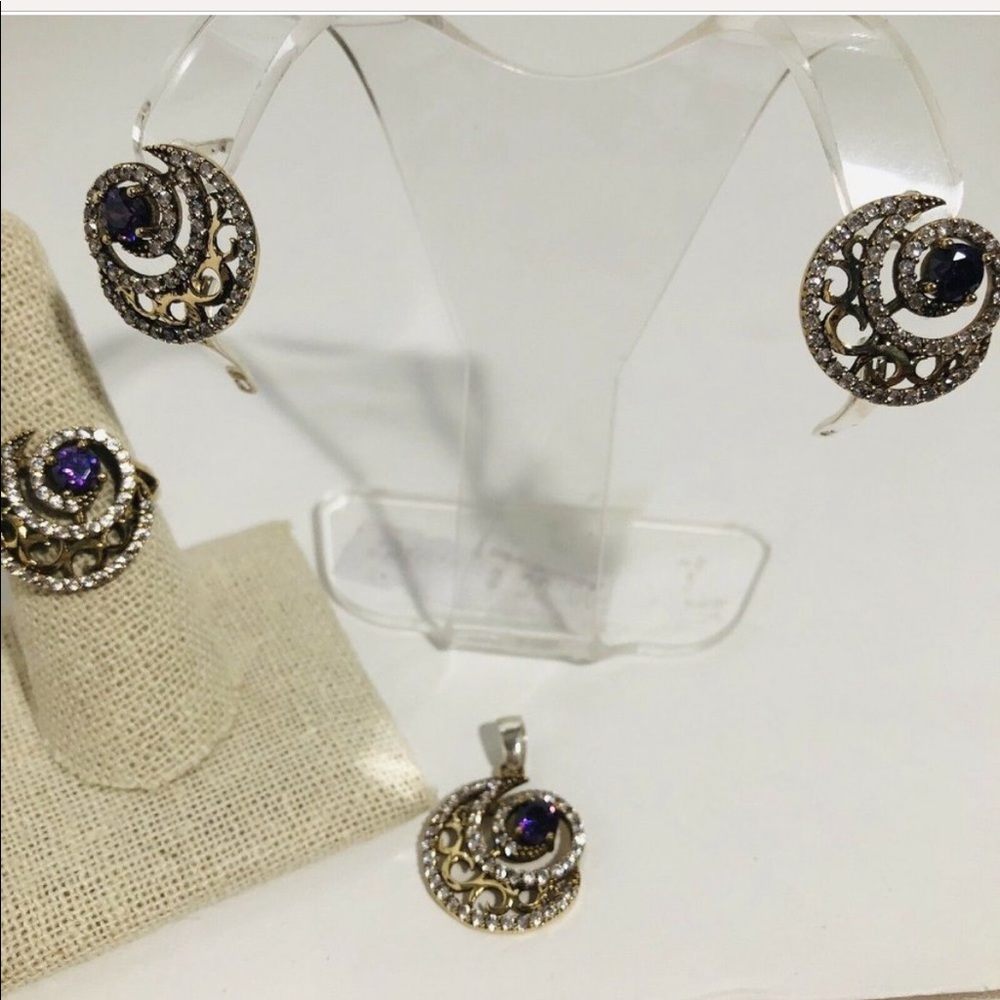 Turkish Handmade Jewelry 925 Sterling Silver Amethyst Stone CZ Set Ring Earrings